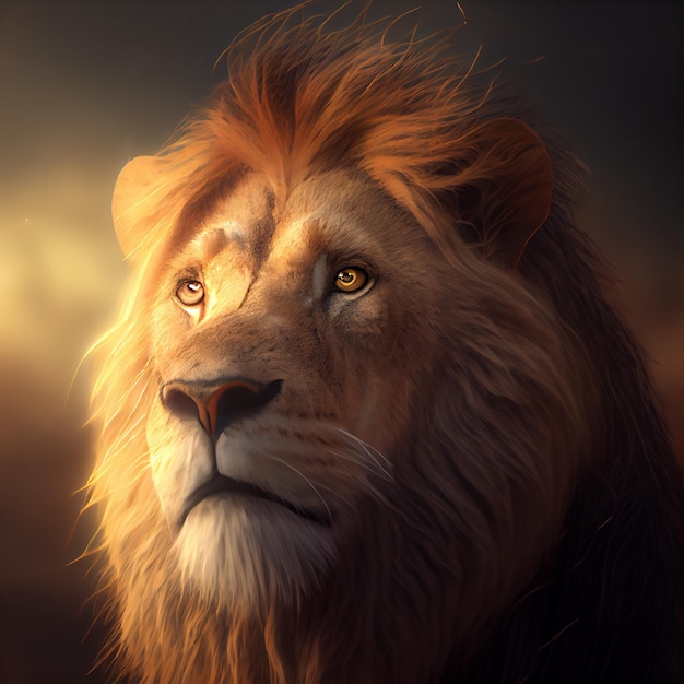 Leone (Panthera leo). Primo piano di una testa di leone con luce del tramonto e sfondo sfocato.