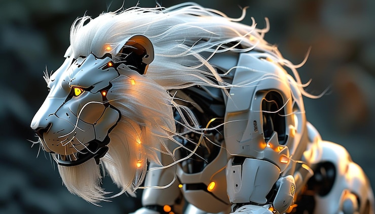 Leone robotico, creatura futuristica.