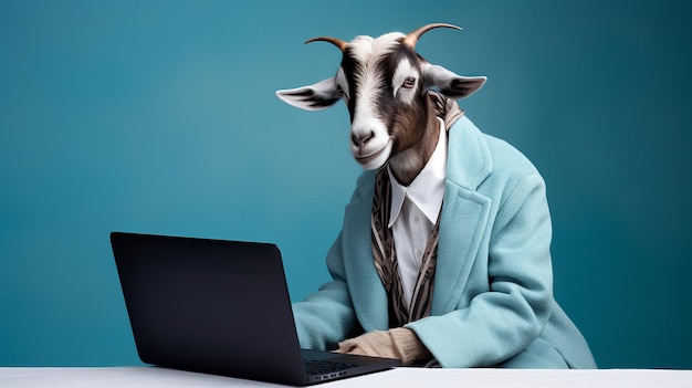 Leone vestito con stile con il computer in mano Fotografia Animal Fashion per una rivista di moda