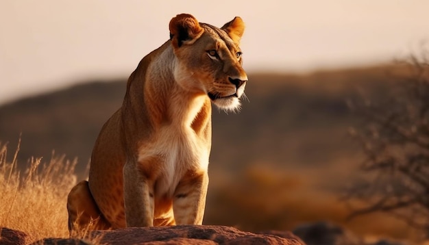 Leonessa su una roccia in Africa