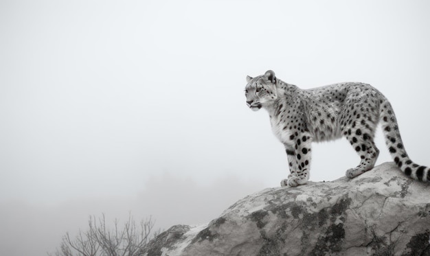 Leopardo delle nevi su una roccia nella neve