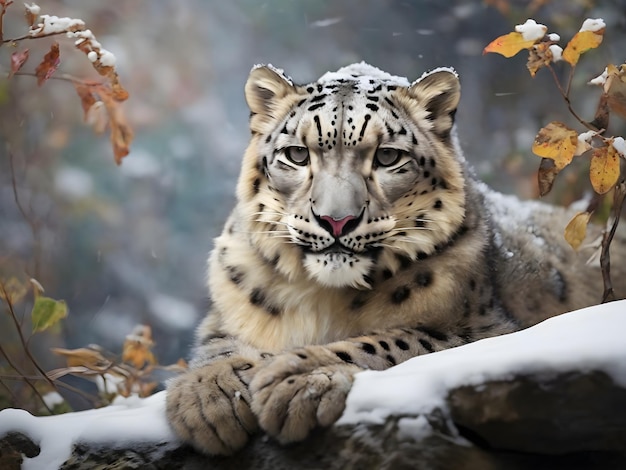 Leopardo delle nevi tra le grazie dell'inverno