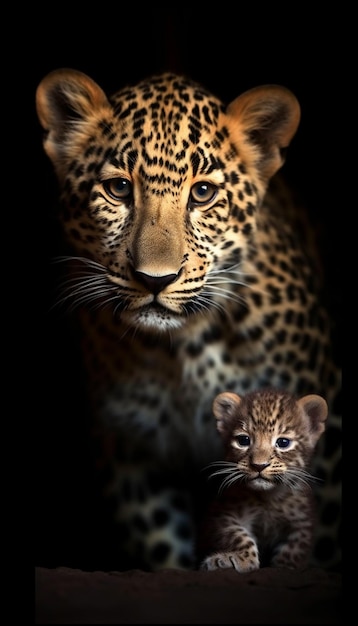 leopardo e gattino in una stanza buia con sfondo nero ai generativo