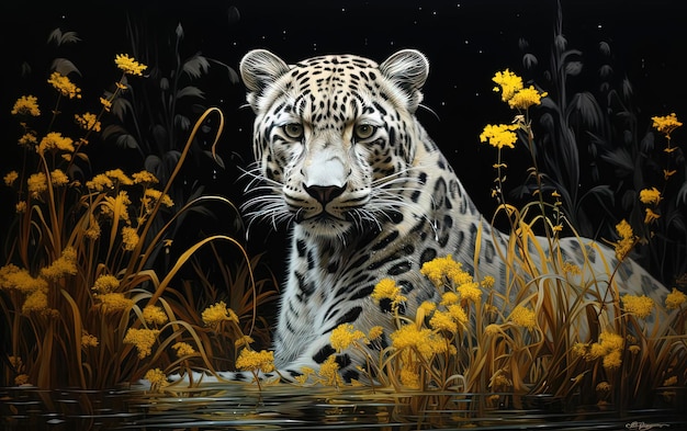 leopardo in piedi nell'erba accanto a fiori neri nello stile del chiaroscuro realistico