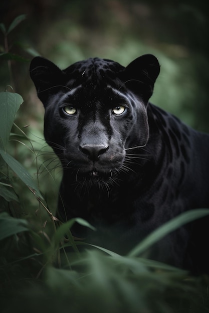 Leopardo nero arafed nella giungla che fissa la fotocamera generativa ai