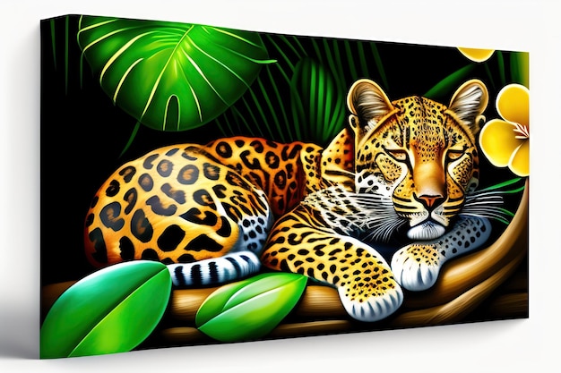 Leopardo realistico in 3D che dorme in una giungla tropicale piena di fiori e foglie esotiche
