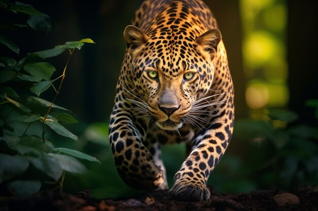 Leopardo solitario che cammina e caccia in natura durante il giorno