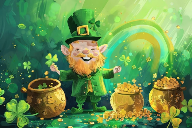 Leprechaun con monete d'oro e una pentola d'oro illustrazione del giorno di San Patrizio