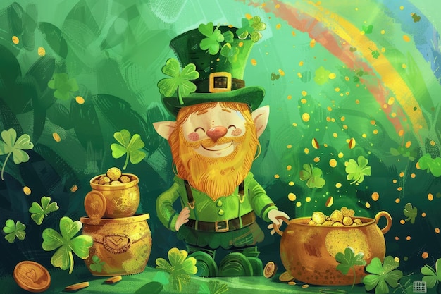 Leprechaun con monete d'oro e una pentola d'oro illustrazione del giorno di San Patrizio