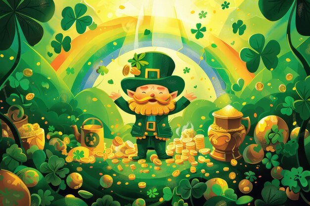 Leprechaun con monete d'oro e una pentola d'oro illustrazione del giorno di San Patrizio