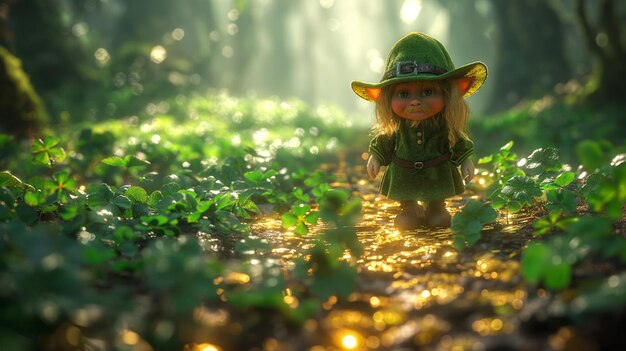 Leprechaun del giorno di San Patrizio in una foresta con trifoglio e oro