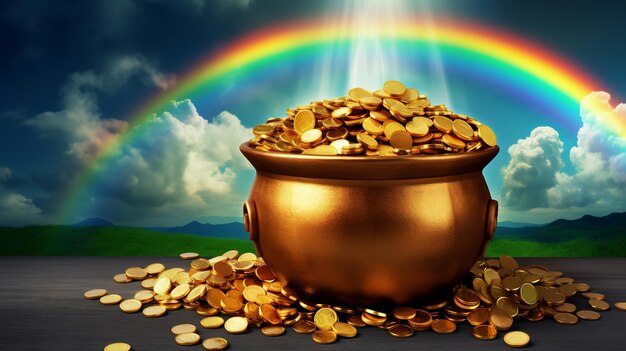 Leprechaun pentola d'oro e fortuna sfondo arcobaleno Illustrazione del giorno di San Patrizio Ai generativa