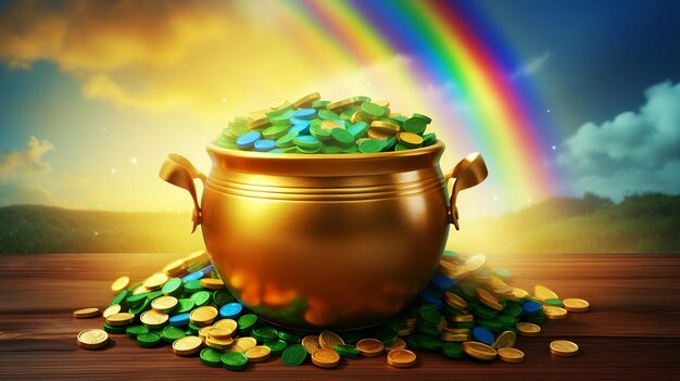 Leprechaun pentola d'oro e fortuna sfondo arcobaleno Illustrazione del giorno di San Patrizio Ai generativa