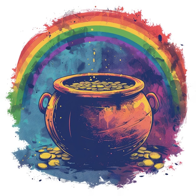 Leprechaun pot di oro e disegno ad acquerello dell'arcobaleno Disegno per il giorno di San Patrizio