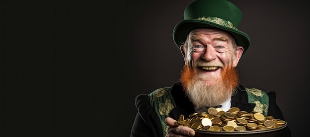 Leprechaun sorridente con un lanciatore di monete d'oro su uno sfondo scuro AI generativa