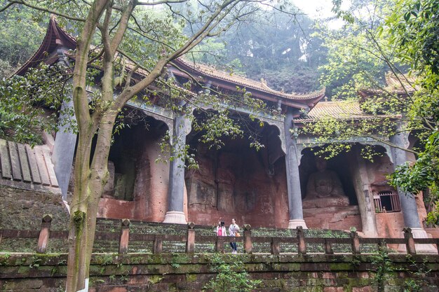 Leshan Buddha Park con pagode cinesi e statue di Dio a Leshan, Cina