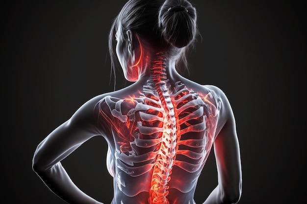 Lesione spinale sportiva ferita ragazza con bagliore rosso evidenziato della colonna vertebrale e del collo
