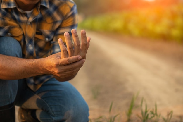 Lesioni o malattie che possono capitare agli agricoltori durante il lavoro L'uomo usa la mano per coprirsi il polso a causa del dolore o della sensazione di malessere