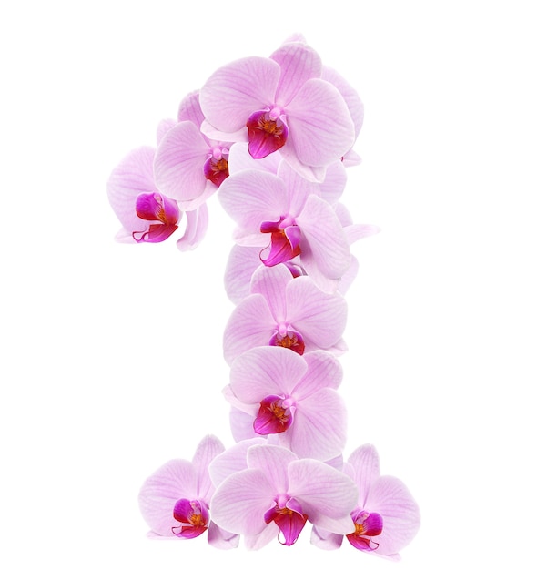 Lettera 1 dai fiori di orchidea. isolato su bianco