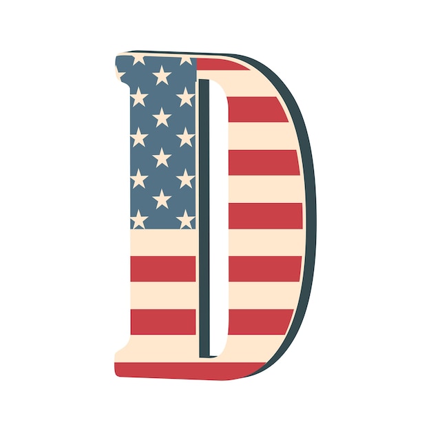 Lettera 3d maiuscola D con texture bandiera americana isolata su sfondo bianco Illustrazione vettoriale Elemento per il design Alfabeto per bambini Bandiera USA carattere patriottico