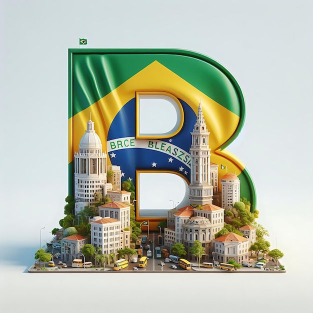 Lettera 3D realistica della capitale del Brasile città di edifici con lettera b e manipolazione della bandiera