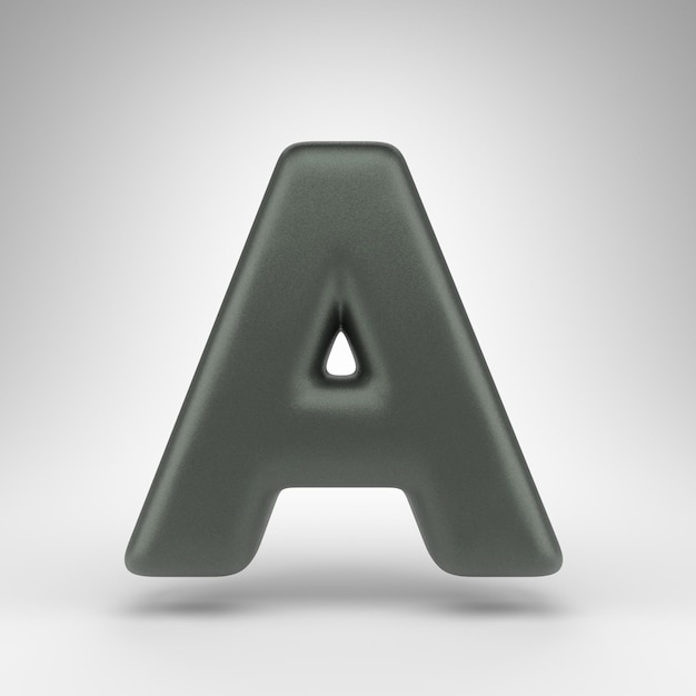 Lettera A maiuscola su sfondo bianco. Carattere 3D renderizzato verde anodizzato con texture opaca.
