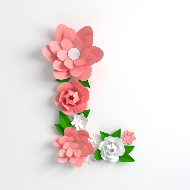 Lettera alfabeto fiore di carta L 3d rendering Fiori color pastello in stile origami moderno di arte della carta