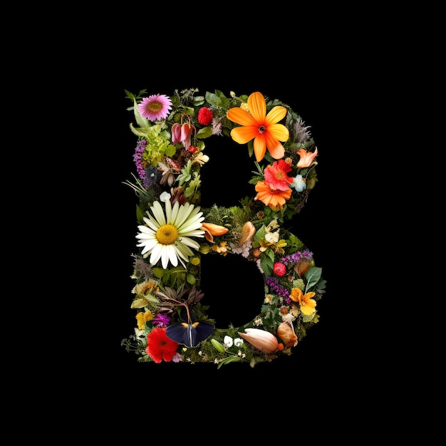 Lettera B fatta di fiori e piante su sfondo nero concetto di carattere floreale