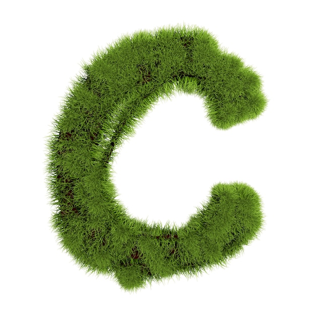 Lettera C dell'erba isolata su priorità bassa bianca. Simbolo coperto di erba verde. Lettera ecologica. illustrazione 3D.