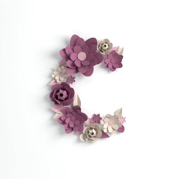 Lettera C di alfabeto del fiore del fiore di carta 3d rendering