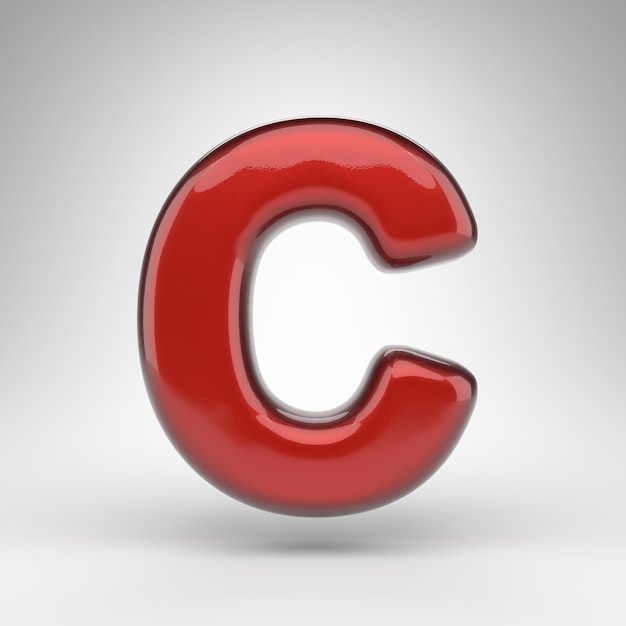 Lettera C maiuscola su sfondo bianco. Vernice rossa per auto con rendering 3D di carattere con superficie metallica lucida.