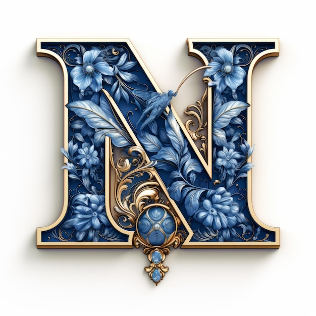 Lettera calligrafica blu N con ornamentazione floreale