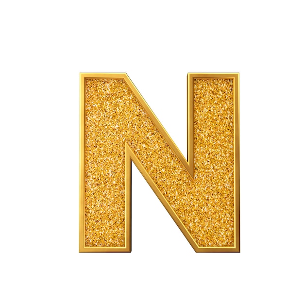 Lettera con glitter oro N. Rendering 3D di lettere maiuscole dorate scintillanti