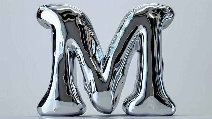 Foto lettera cromata riflettente 3d e con un aspetto lucido e elegante forma di macchia astratta per il font metallico contemporaneo in stile y2k
