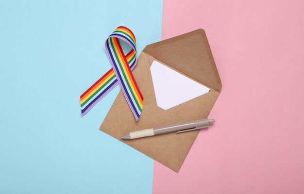 Lettera d'amore con nastro simbolo arcobaleno lgbt su sfondo blu rosa pastello