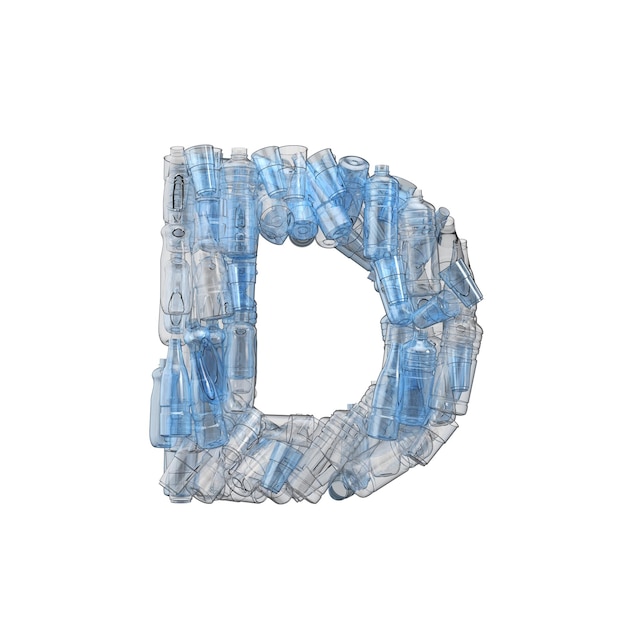 Lettera d composta da bottiglie di plastica riciclaggio di plastica font d rendering