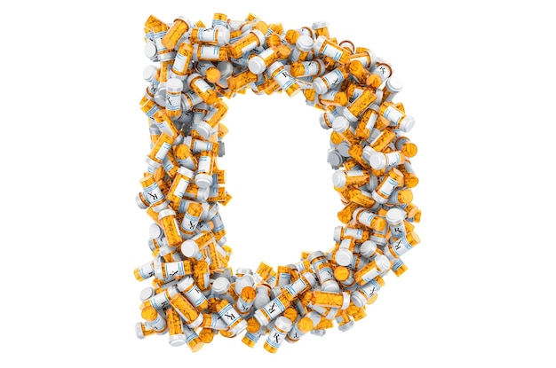 Lettera D da flaconi medici con rendering 3D di farmaci