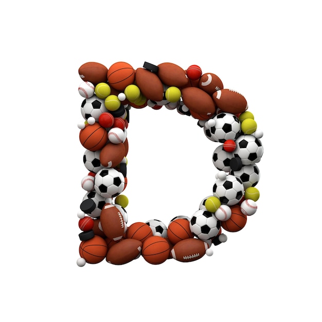 Lettera D Font realizzato con palloni sportivi Rendering 3D