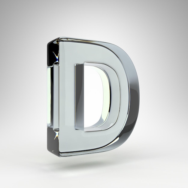 Lettera D maiuscola su sfondo bianco. L'obiettivo della fotocamera in vetro trasparente 3D ha reso il carattere con dispersione.