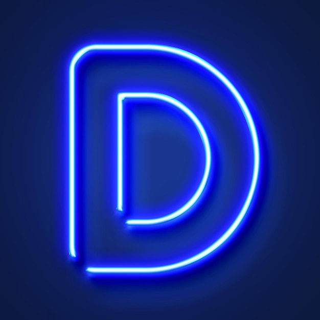 Lettera D realistica lettera al neon blu brillante su sfondo blu