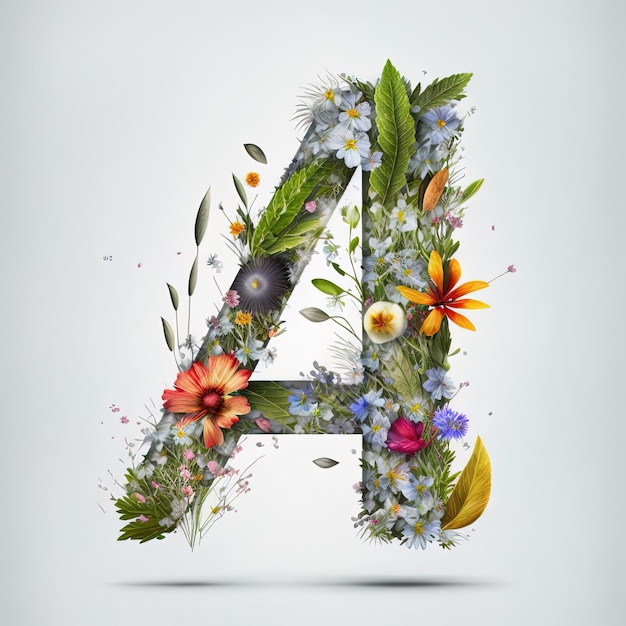 Lettera dell'alfabeto del carattere del fiore A fatta di fiori e foglie vivi reali