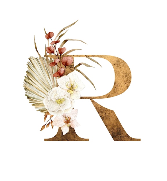 Lettera dell'alfabeto floreale R con composizione di bouquet di fiori boho e delicata trama dorata