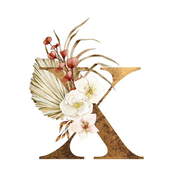 Lettera di alfabeto floreale X con composizione di bouquet di fiori boho e delicata struttura in oro