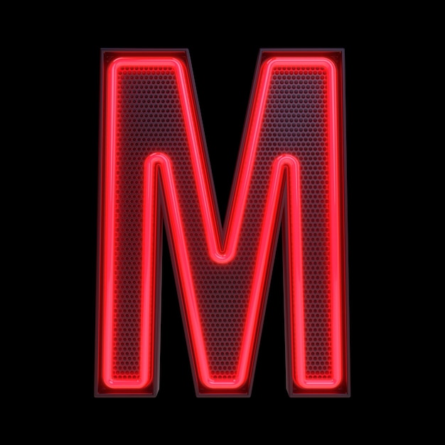 Lettera di alfabeto luce retrò al neon M isolata su uno sfondo nero con illustrazione 3d del tracciato di ritaglio