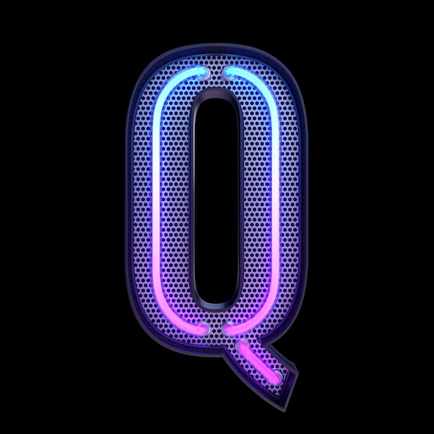 Lettera di alfabeto luce retrò al neon Q isolata su uno sfondo nero con tracciato di ritaglio. illustrazione 3D.