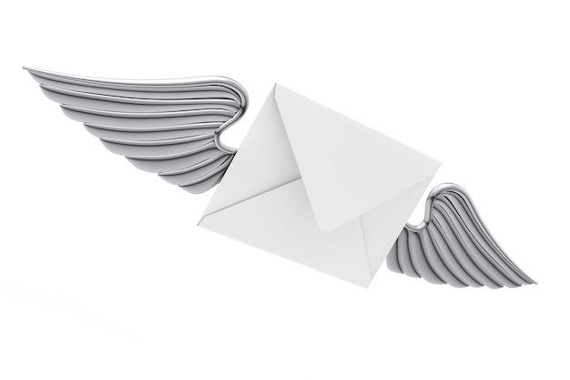 Lettera di busta bianca volante con ala d'argento su sfondo bianco. Rendering 3D