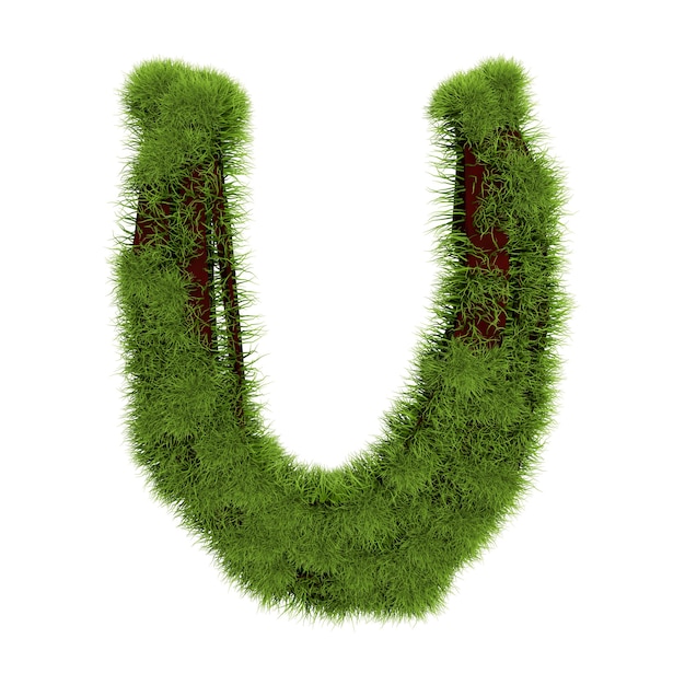 Lettera di erba U isolata su priorità bassa bianca. Simbolo coperto di erba verde. Lettera ecologica. illustrazione 3D.