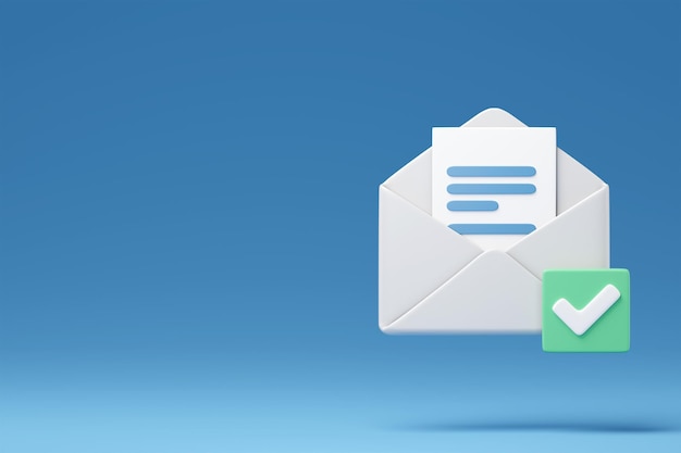 lettera di posta elettronica e icona del segno corretto sfondo blu rendering 3d