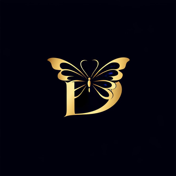 Foto lettera dorata d con logo a farfalla su sfondo nero disegno a monogramma di lusso illustrazione vettoriale