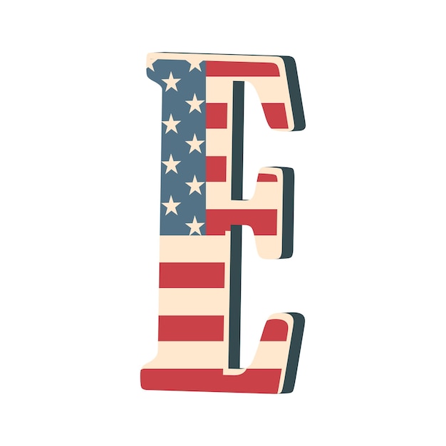 Lettera E 3d maiuscola con texture bandiera americana isolata su sfondo bianco Illustrazione vettoriale Elemento per il design Alfabeto per bambini Bandiera USA carattere patriottico